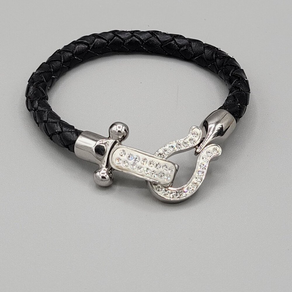 Stainless Steel Horseshoe Bangle Bracelet Black Cord Crystal Accents Snap Close